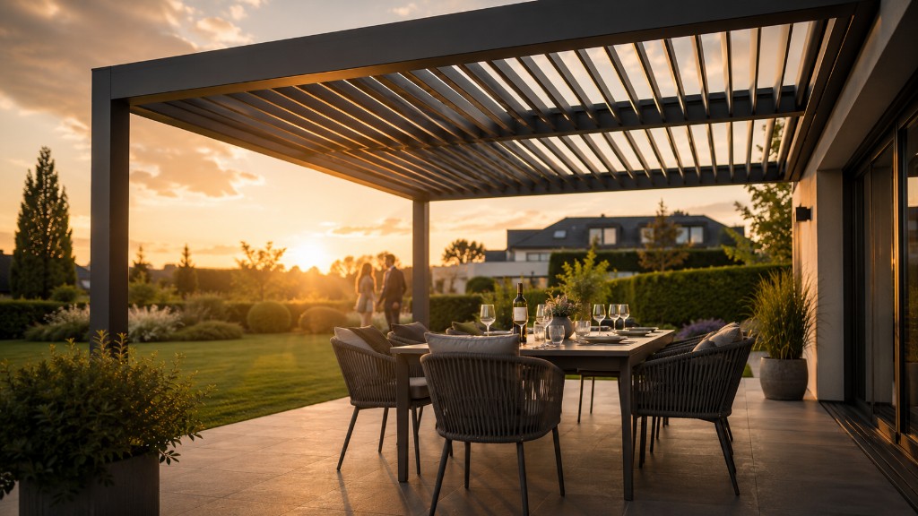 Goldene Stunde auf der Terrasse unter Pergola